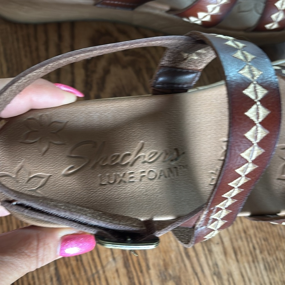 Skechers Brown Strappy Studded Wedge Sandals - Picture 2 of 5